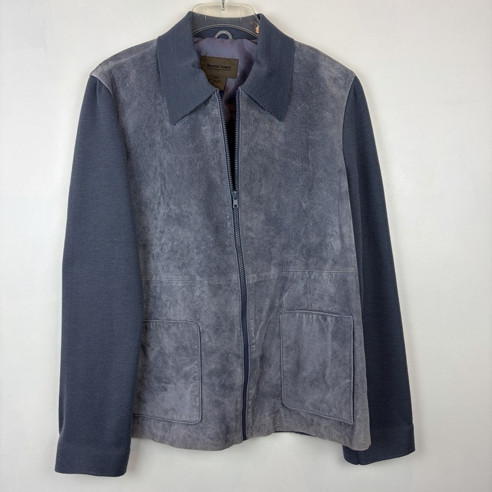 Brandon Thomas Suede Leather Jacket Womens 1X Full Zip Blue Wool Blend Sleeves